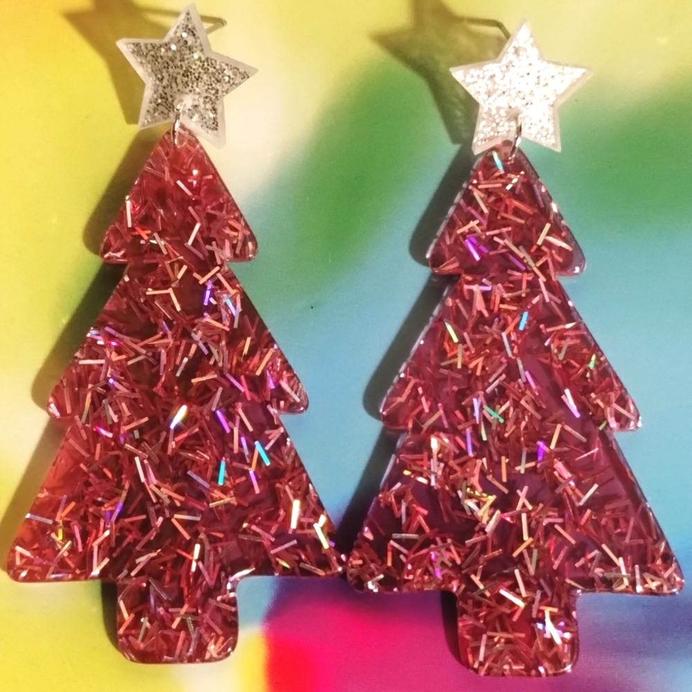 Hot pink and silver glitter confetti Christmas tree earrings